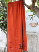 Silk wool woven stole with soof embroidery brick colour stole